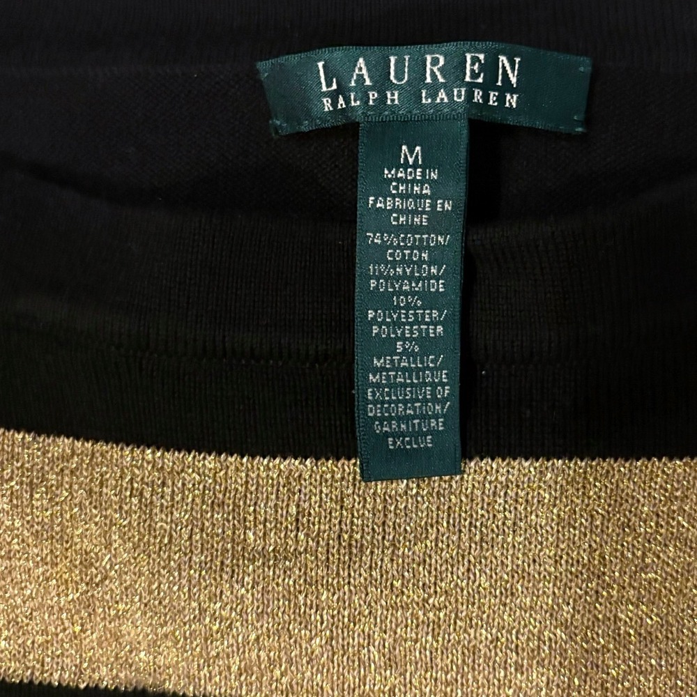 Lauren Ralph Lauren Womens Black Gold Metallic Striped Boat Neck Top Size Medium - Picture 3 of 7